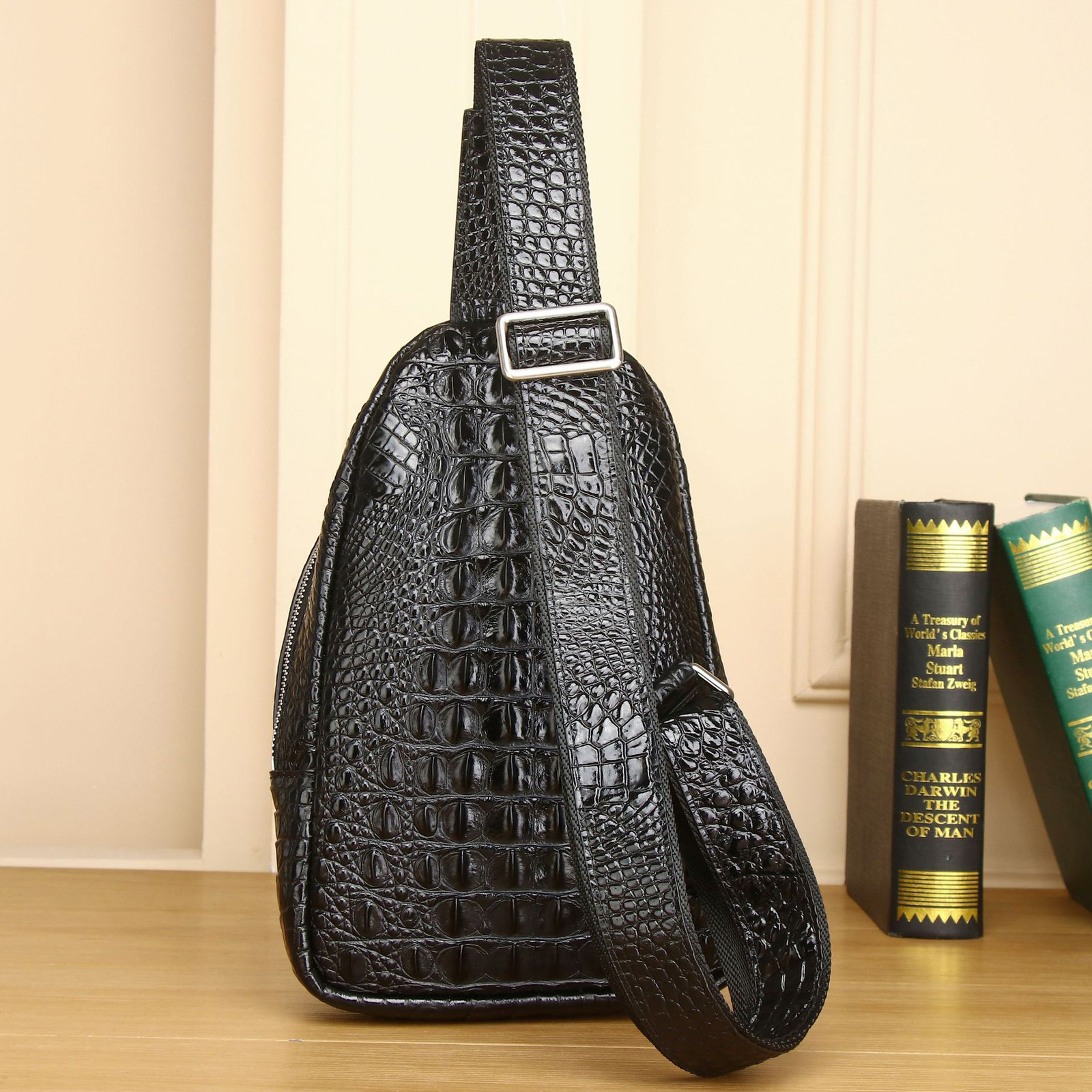 Genuine Leather Men’s Sling Backpack, Crocodile Pattern Crossbody Bags Daypack