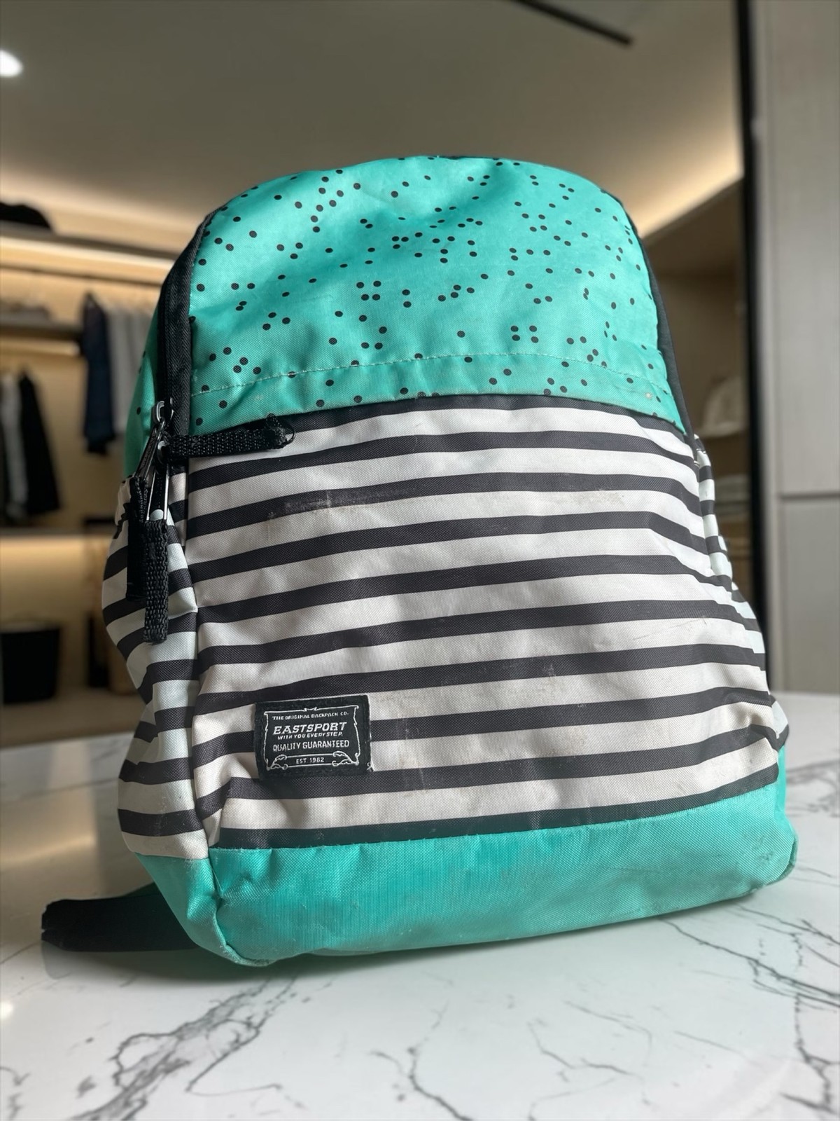 Eastsport Backpack Teal Polka Dot Striped School Book Bag Travel