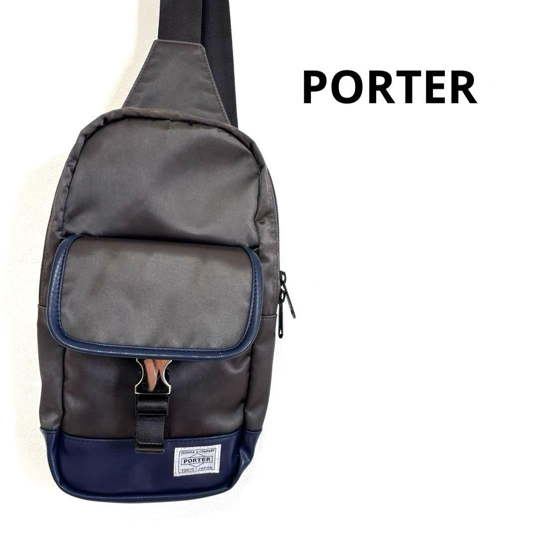 Authentic PORTER Yoshida Leather Sling Bag Gray/Navy 33cm x 19cm x 6cm Slim Cros