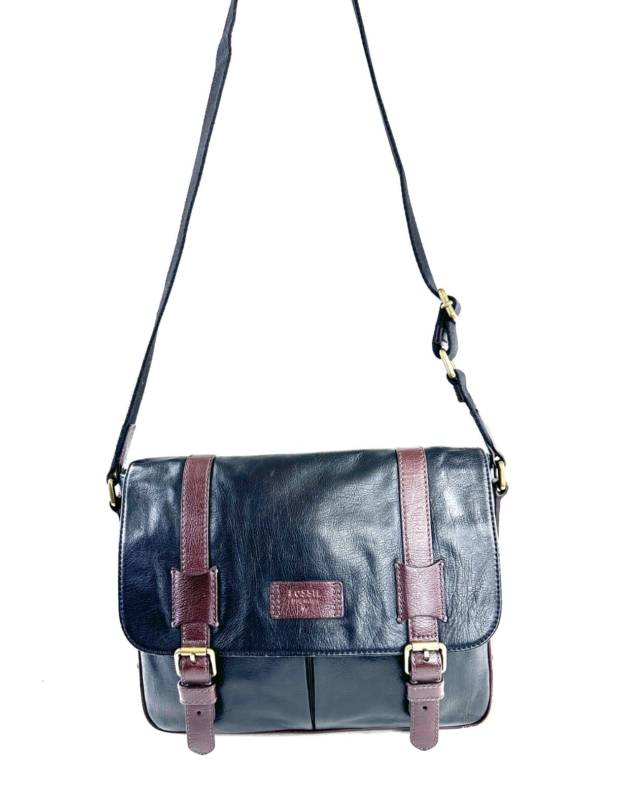 Fossil Black Brown Leather Medium Messenger Bag Brass Buckles Unisex Crossbody