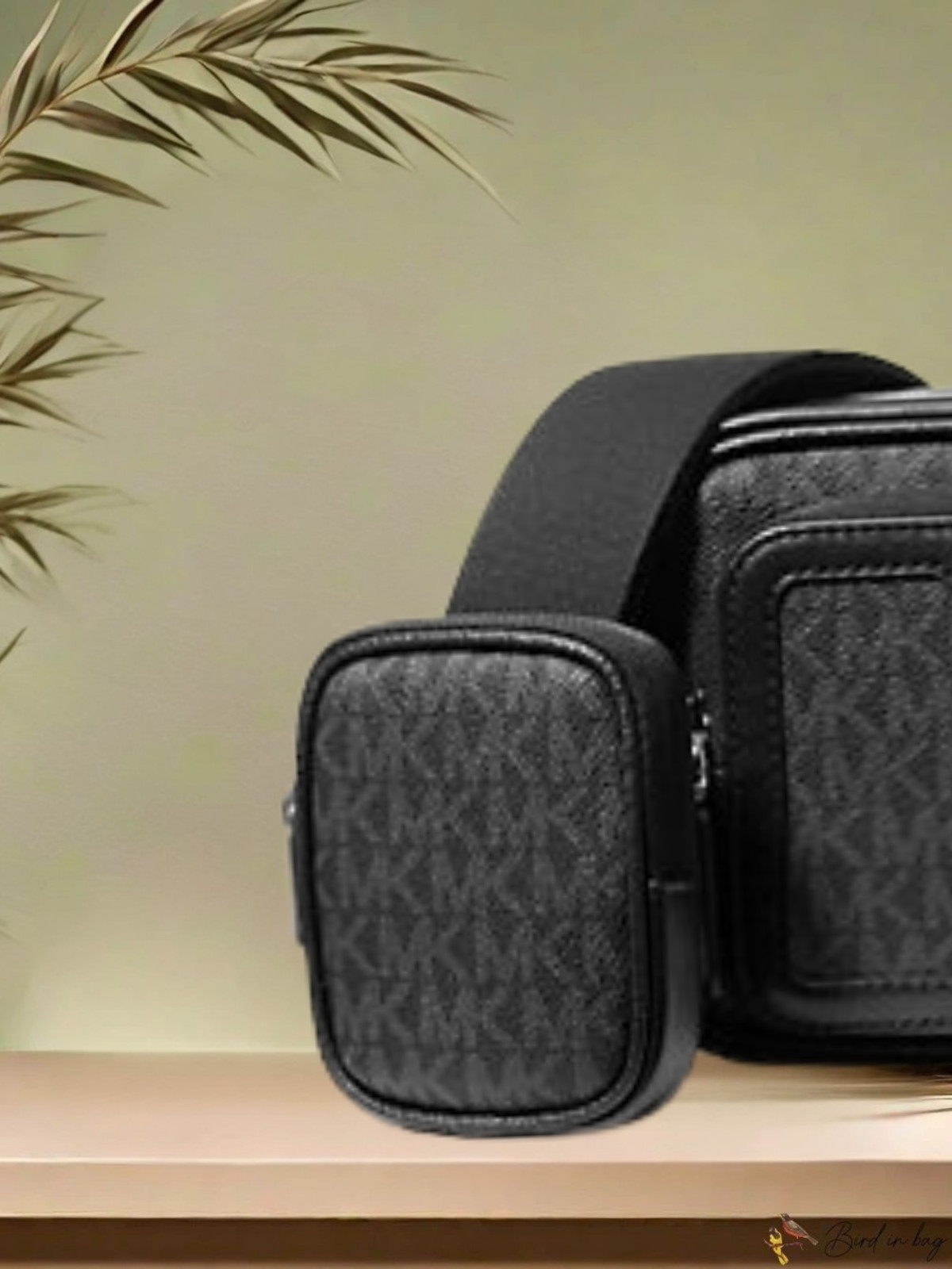Michael Kors Cooper Men MK Logo Camera Double Zip Shoulder Bag + Pouch Black