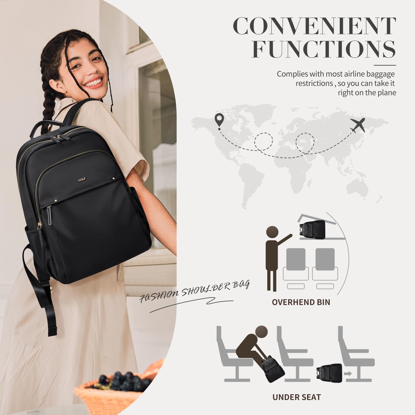 Stylish Laptop Backpack Women Computer Bag Fits 14 Inch Notebook Purse Black