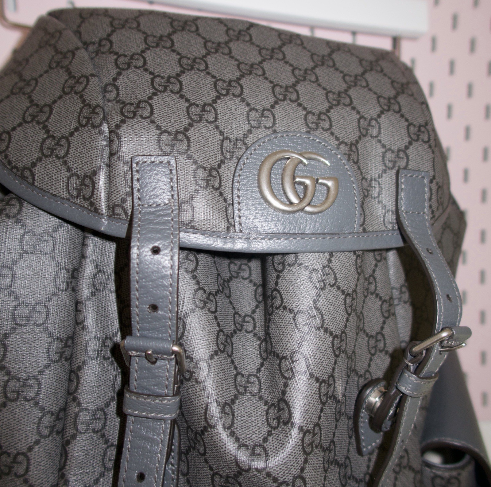 Gucci GG Pattern Gray/Black Backpack Drawstring Flap Buckle Adjustable Strap