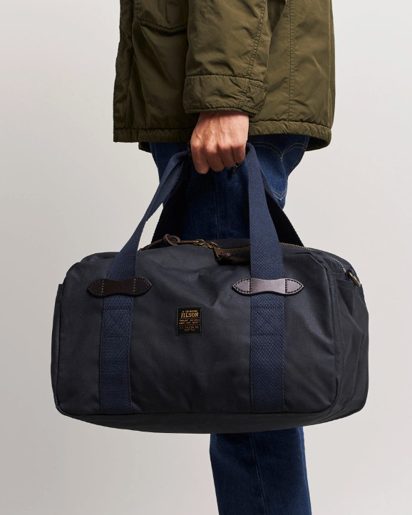 Filson Tin Cloth Duffle Bag Small Tan Navy Waxed Cotton Canvas Bridle Leather