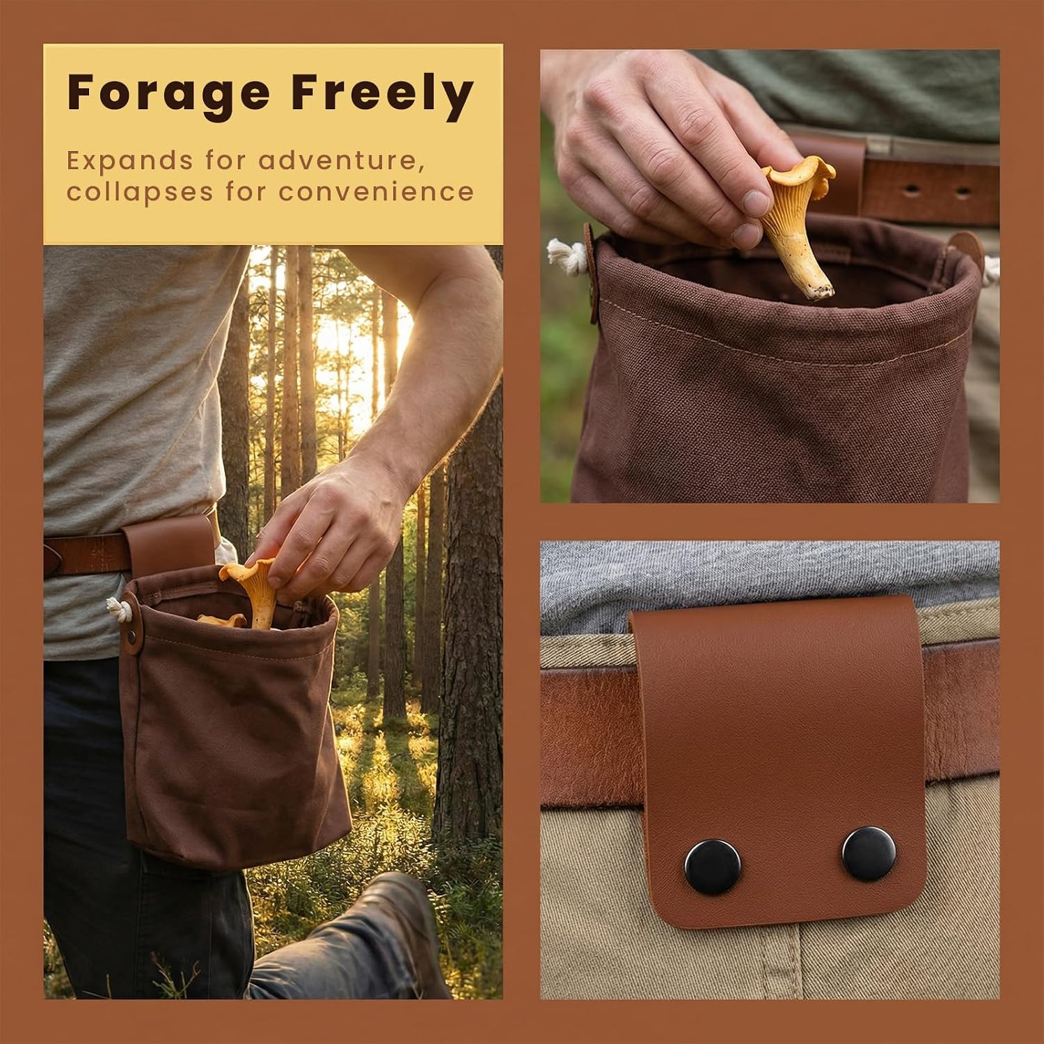 3 Pack Collapsible Foraging Bags, Waxed Canvas Basket Belt Pouches with Leather