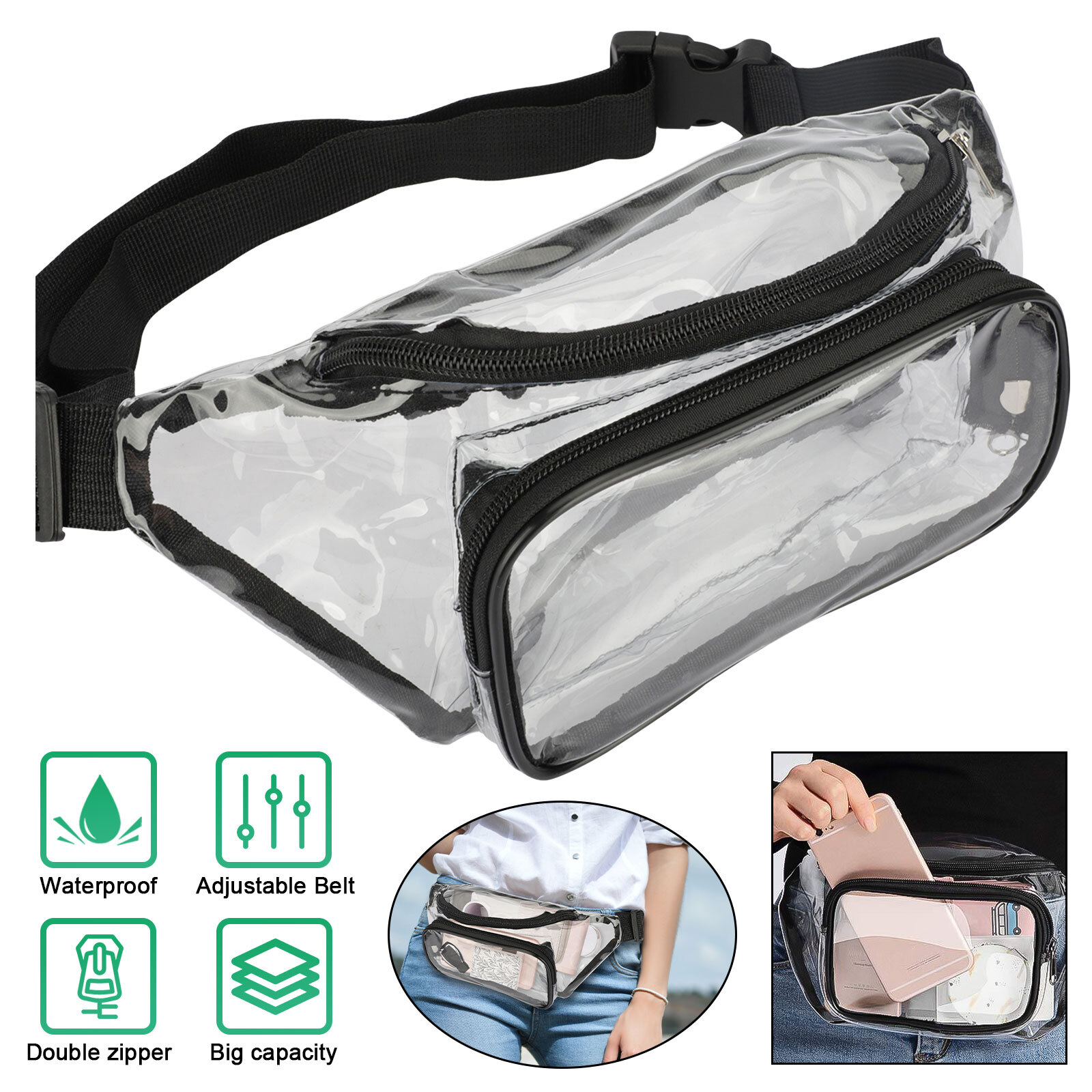 Clear Waist Pouch Bag Transparent Zipper Fanny Pack Adjustable Strap Travel Gift