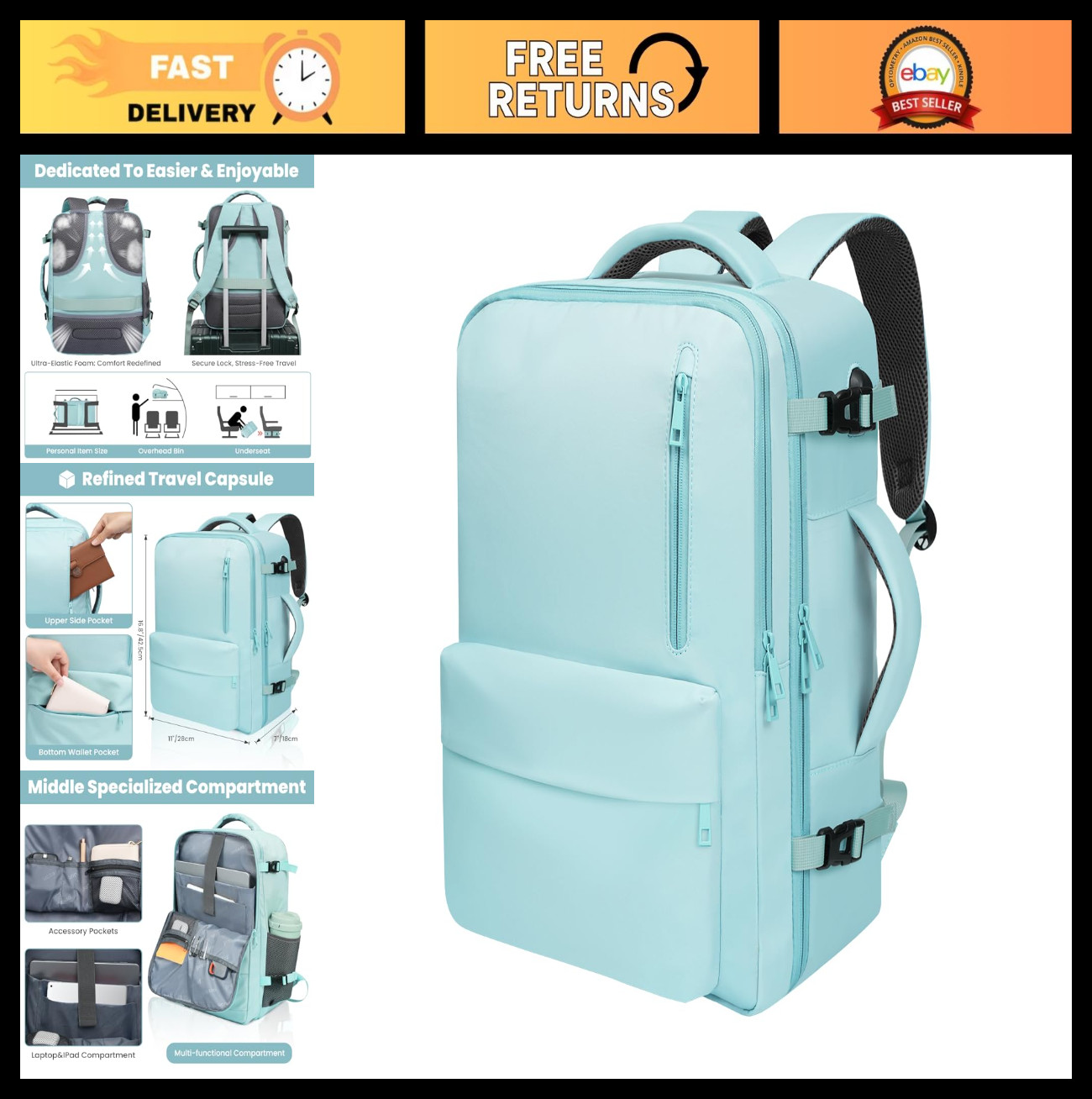 35L Travel Backpack – 180° Open Design, Multi-Pockets, USB Port, Laptop Compartm