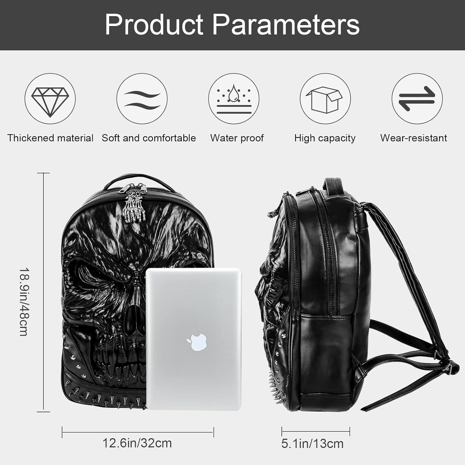 3D PU Leather Skull Backpack College/High School Bags Bookbag School Computer Ba