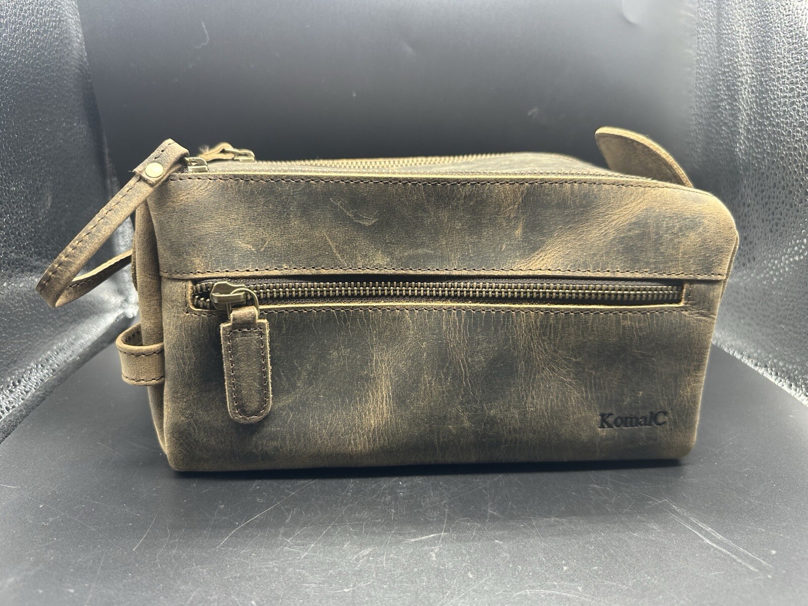 KOMALC Bag Toiletries Shave Unisex Travel Bag Buffalo Leather Brown Zip