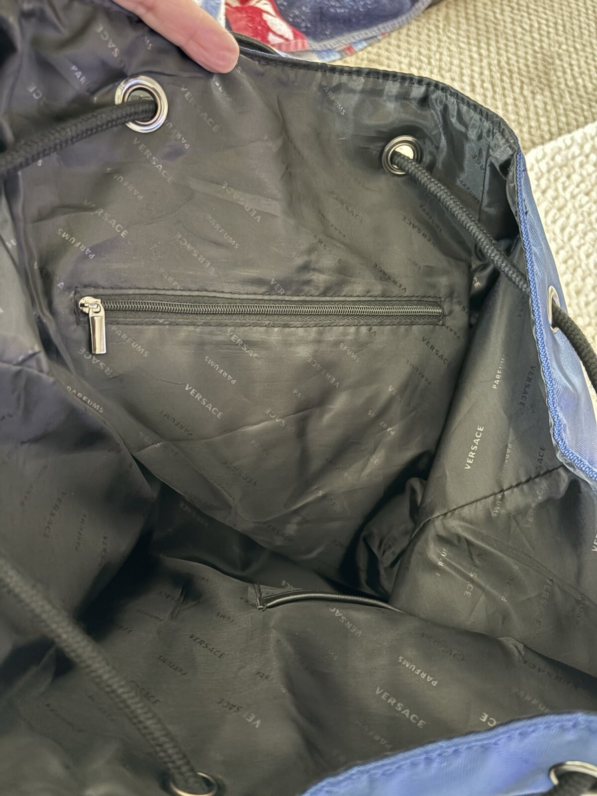 Versace Parfums Draw-string Large Navy Blue With Black Backpack Medusa Logo