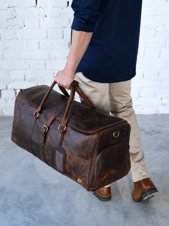 24″ Full Grain Buffalo Leather Duffle Bag Travel Weekender Carry On Brown