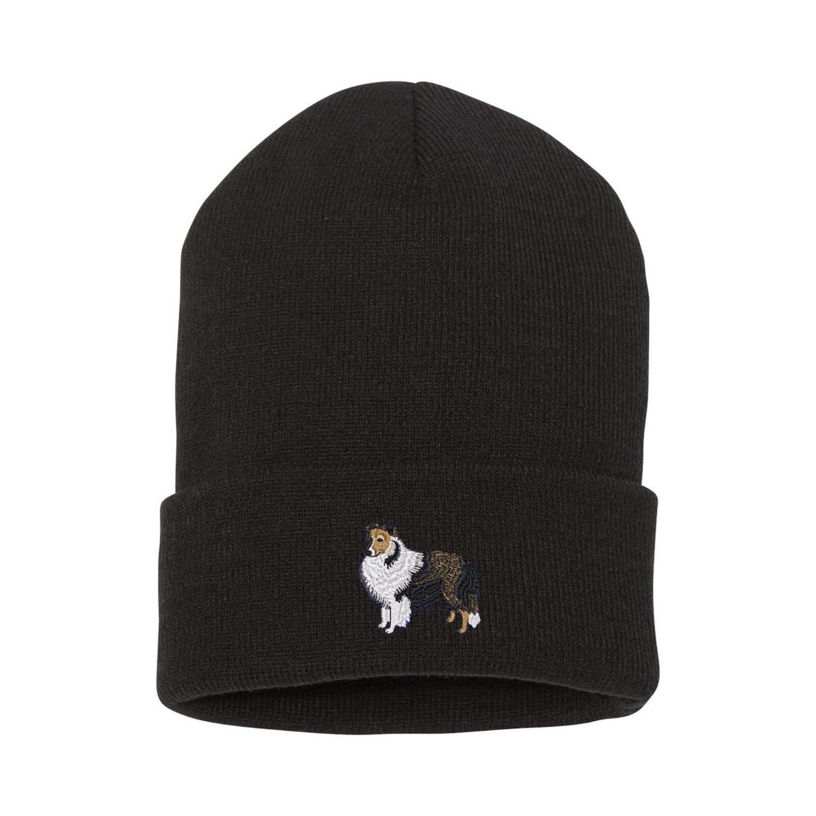 Shetland Sheepdog Sheltie dog embroidered black beanie hat
