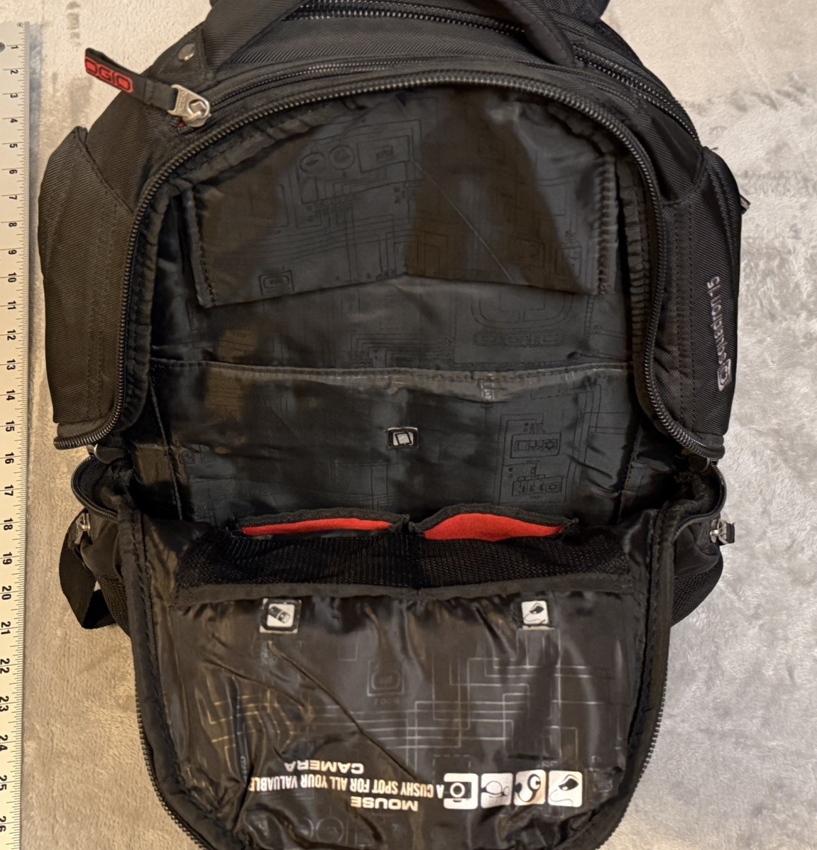 OGIO Black/Red Squadron Backpack Padded Adjustable Straps Pockets Zip Buckle
