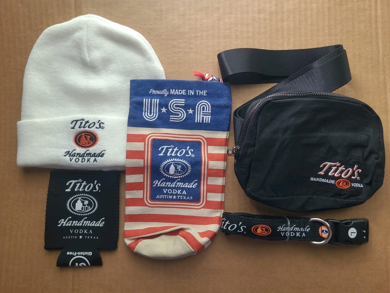 Tito’s Handmade Vodka Knit Hat, Belt Bag, Canvas Bottle Bag, Drink Sleeve, Strap