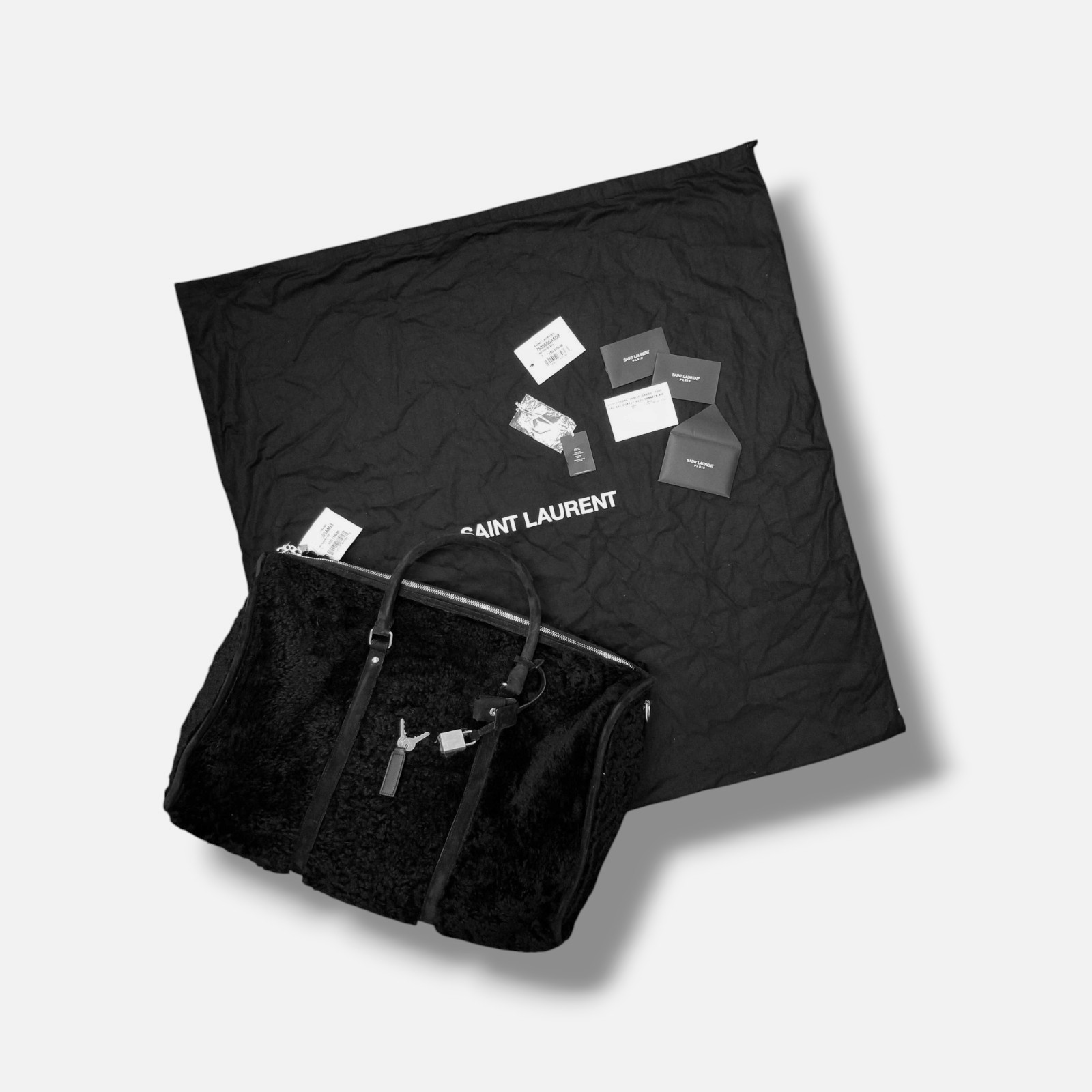 Saint Laurent Men Black Shearling Suede Crossbody Travel Duffel Bag