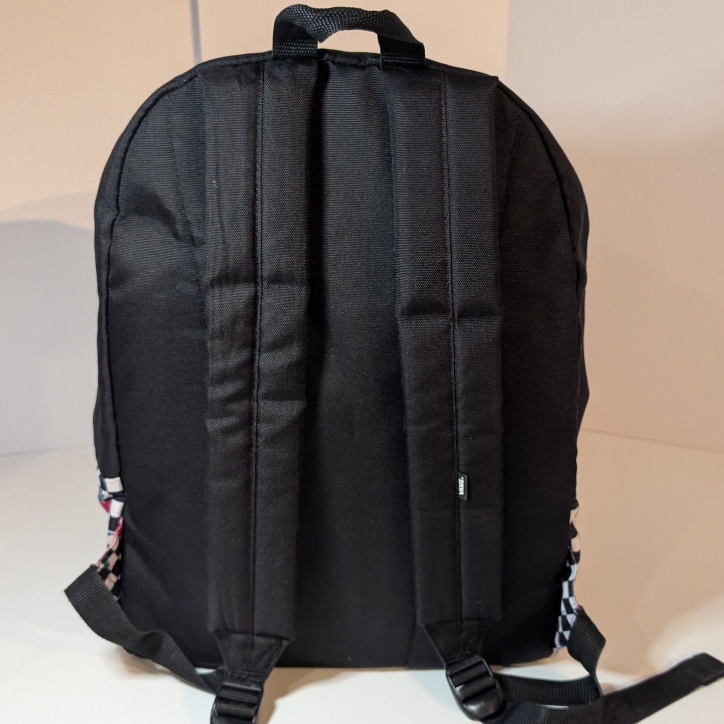 Vans Off The Wall Backpack Black White Checkered Floral with Pink Roses, Daypack