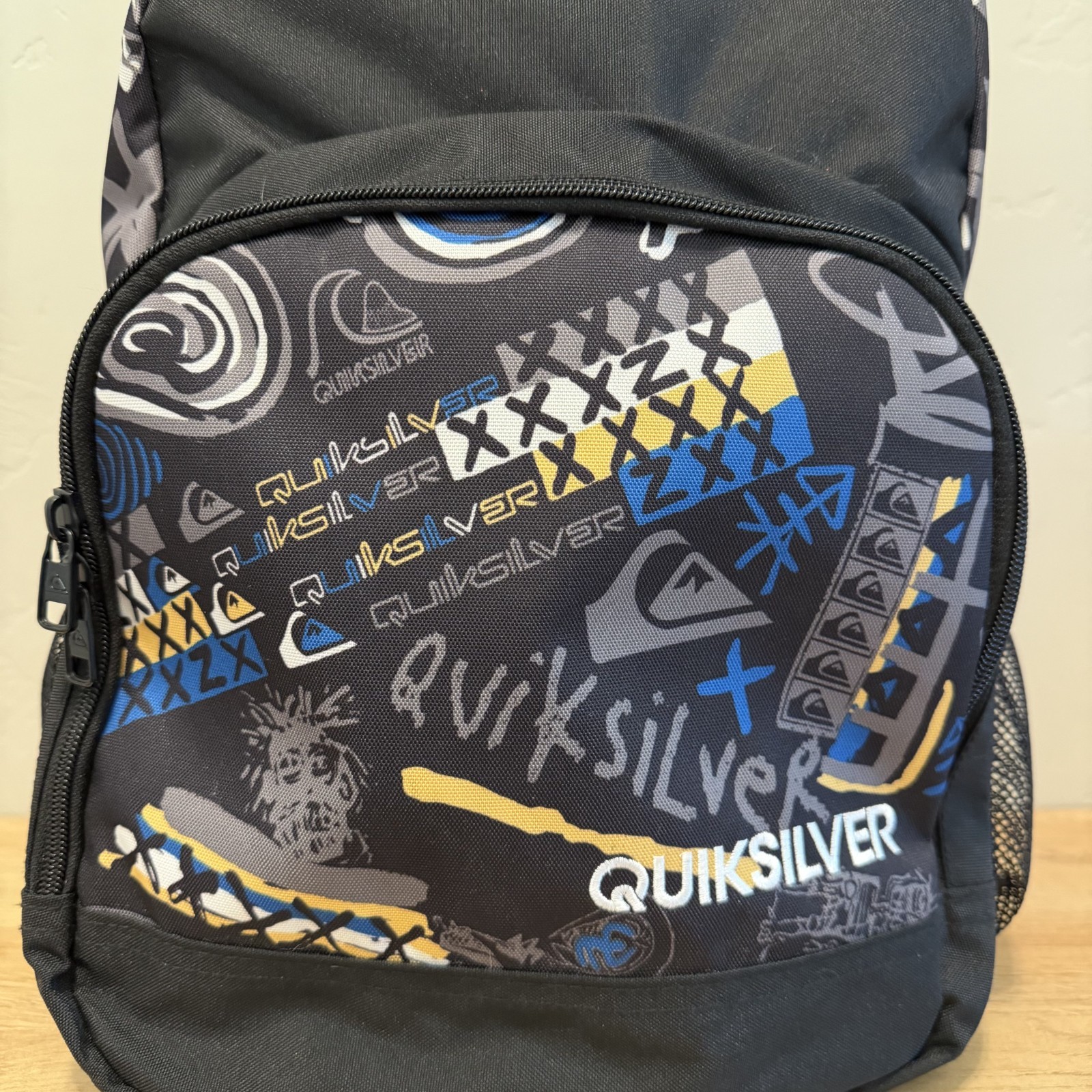 Quiksilver Backpack Y2K Style Skate Surf Graphic Black Blue School Bag