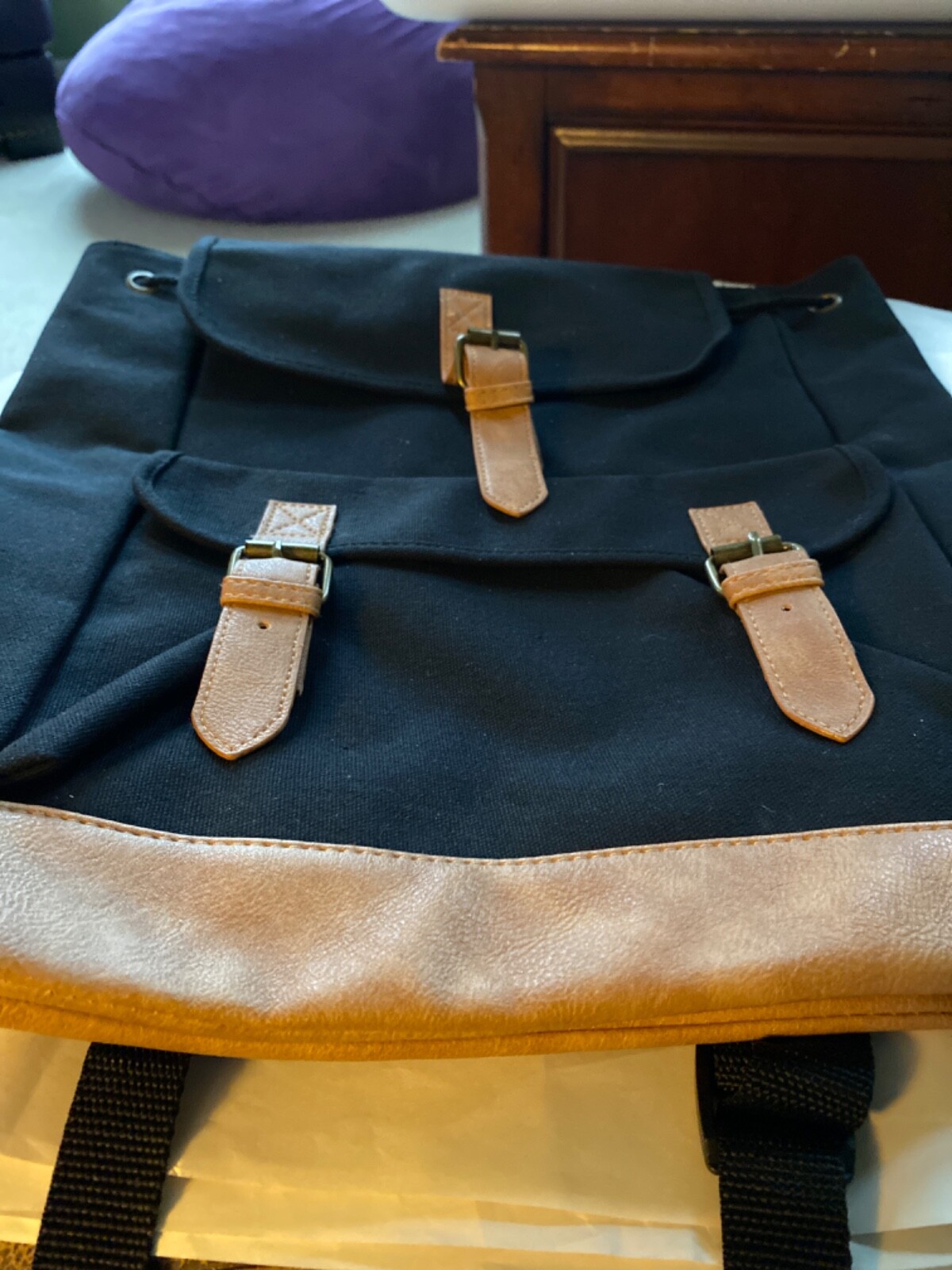 DSW BLACK CANVAS BACKPACK  NEW DRAWSTRING& MAGNETIC SNAP FRONT POCKETS WASHABLE 