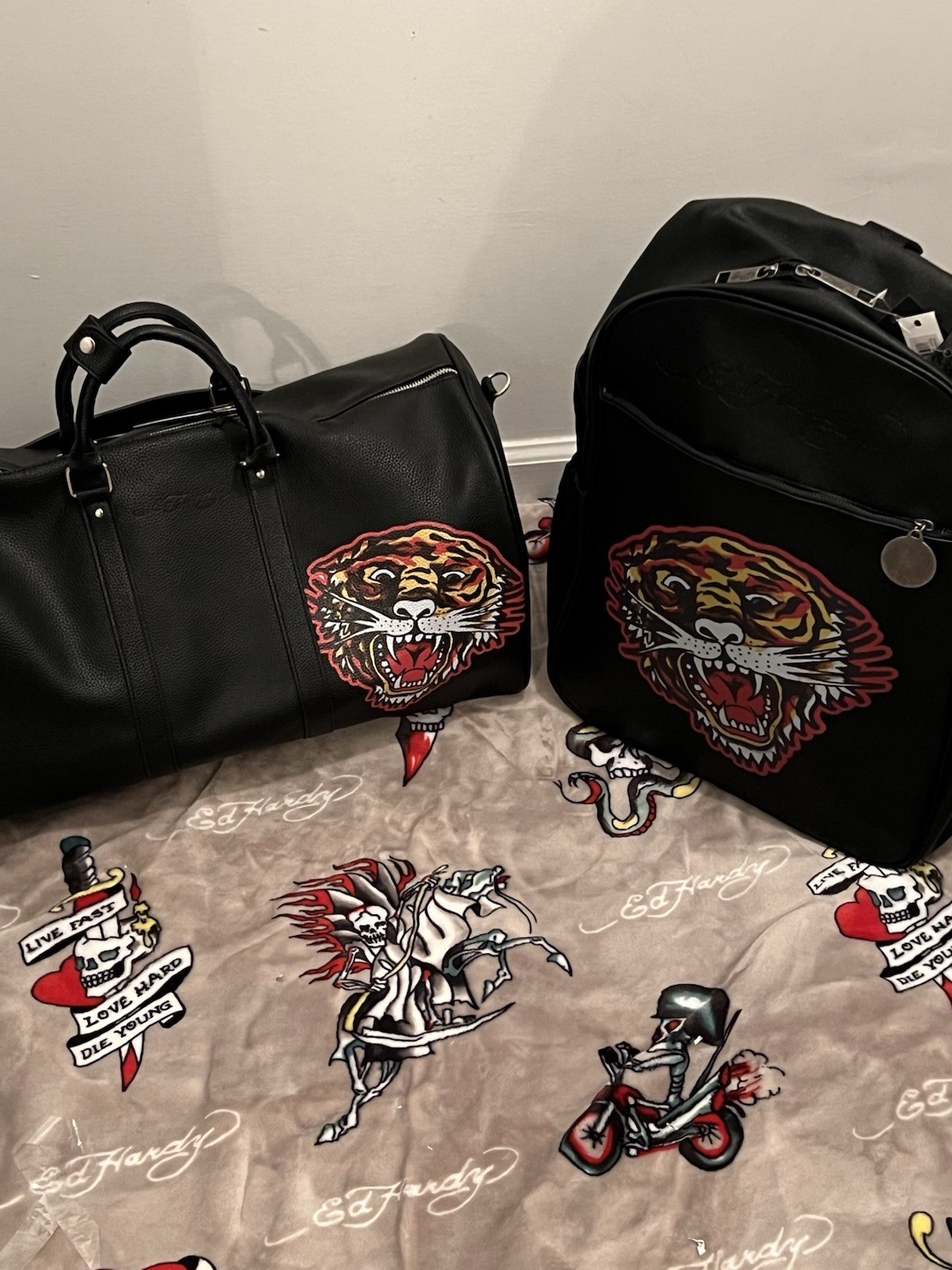 Ed Hardy Tiger Graphic Black Backpack+matching Duffel Bag NWT