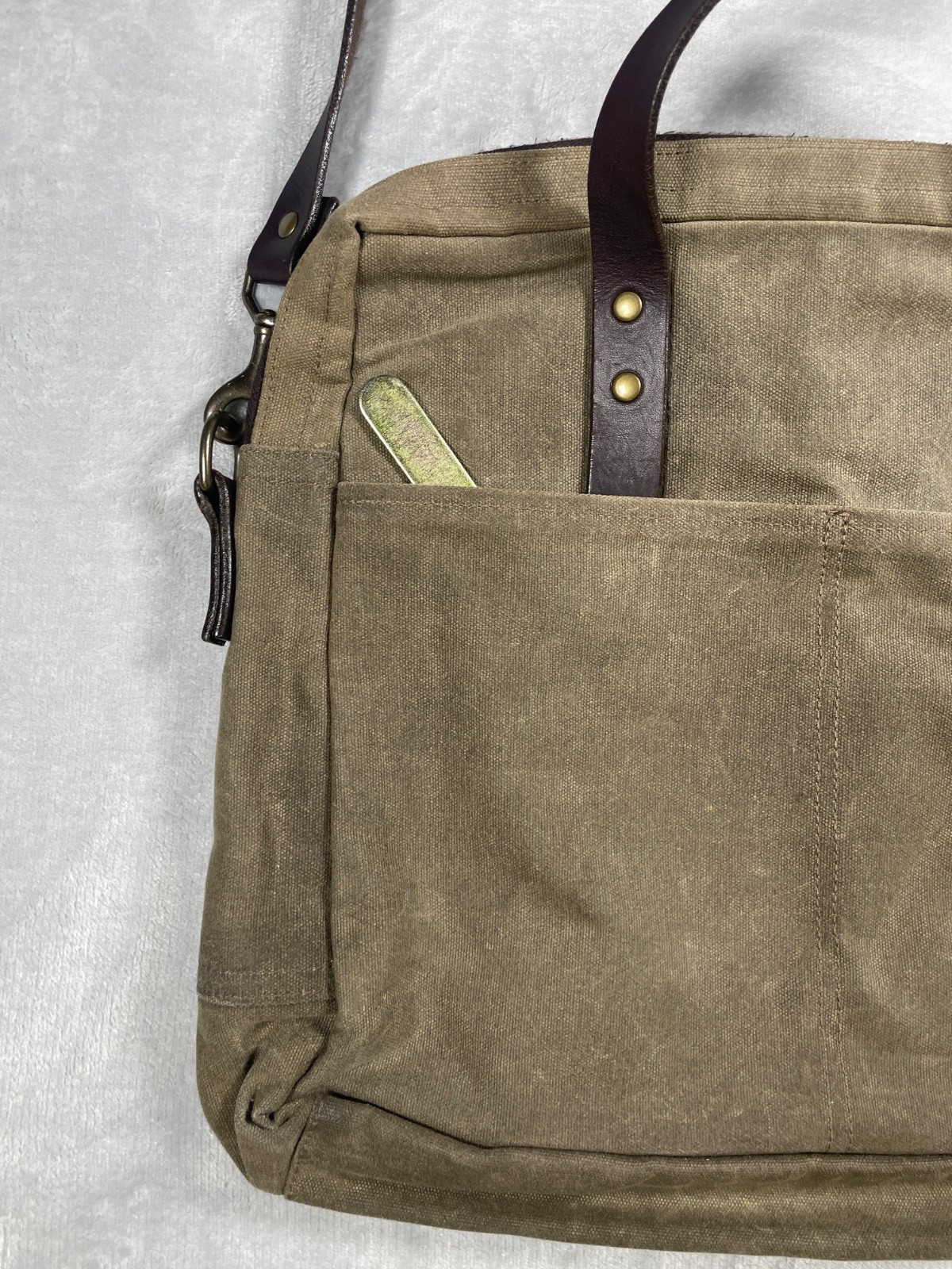 J. Stark Waxed Canvas Briefcase Messenger Bag Olive Brown Leather Strap USA