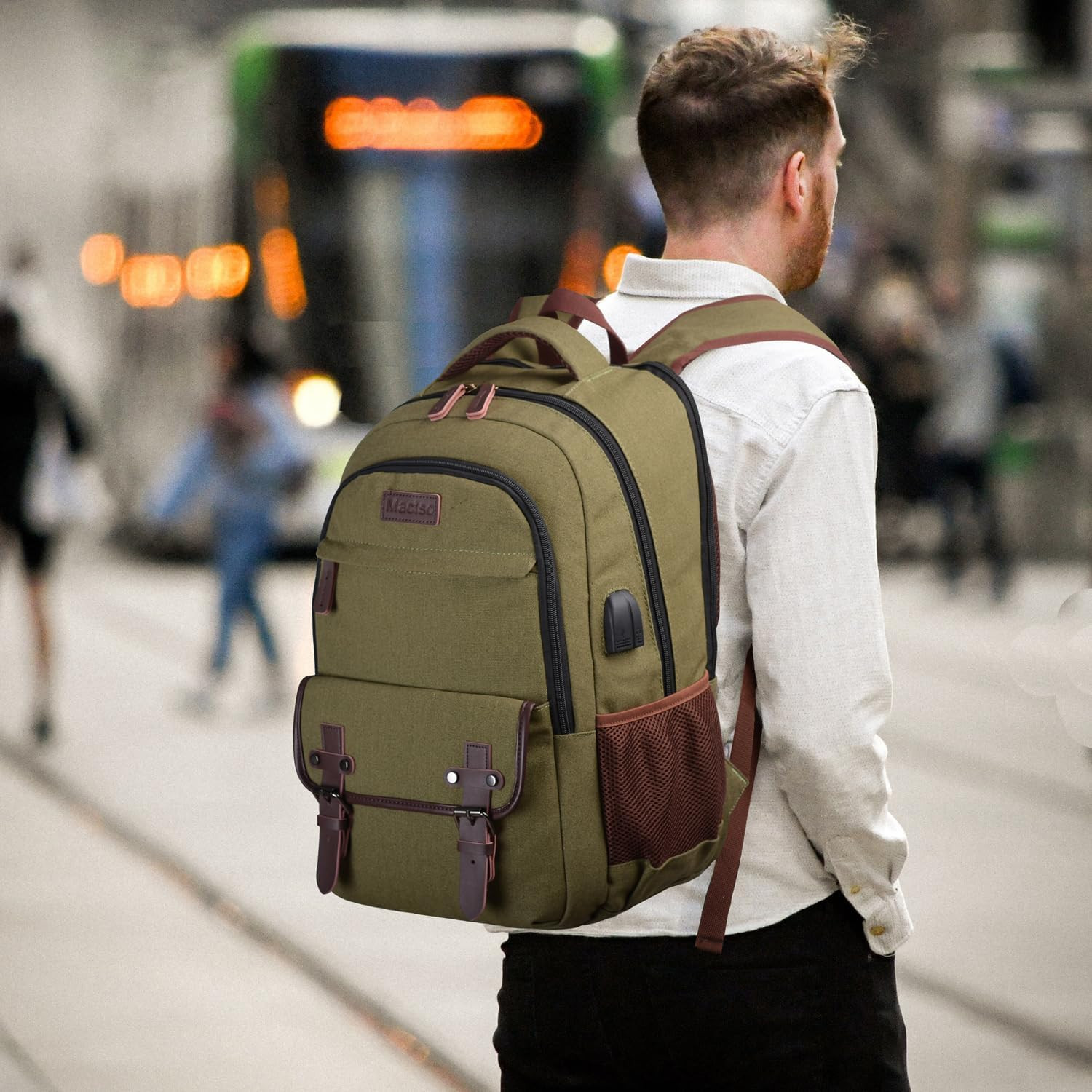 Stylish Canvas Laptop Backpack with USB Port for 15.6″ Laptop – Green