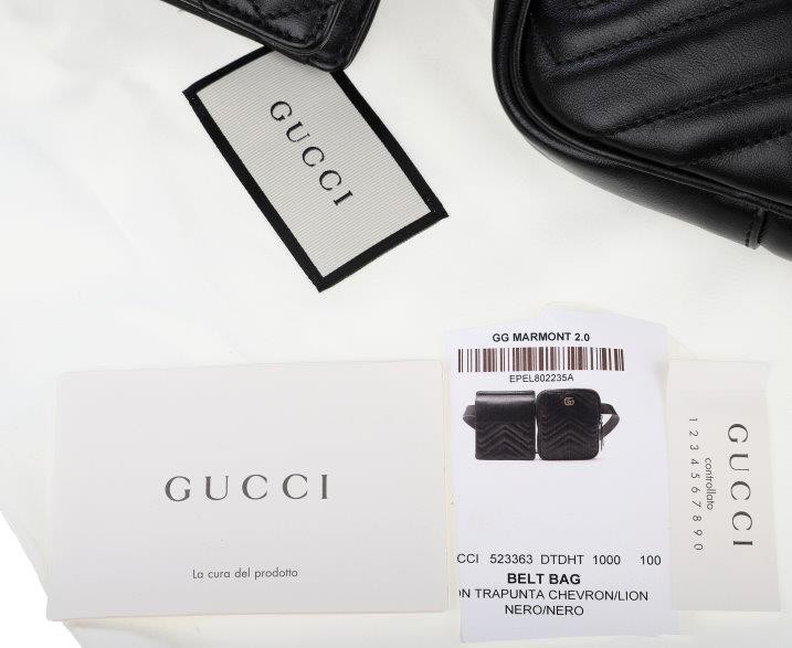 NEW GUCCI GG MARMONT TRAPUNTA CHEVRON BLK LEATHER DOUBLE BELT BAG 100/40 UNISEX