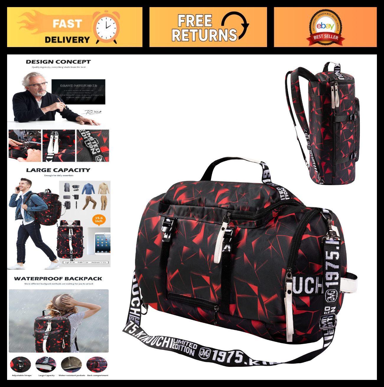 40L Water-Resistant Gym Duffle Backpack | Weekender Travel Sling Bag for Men & W