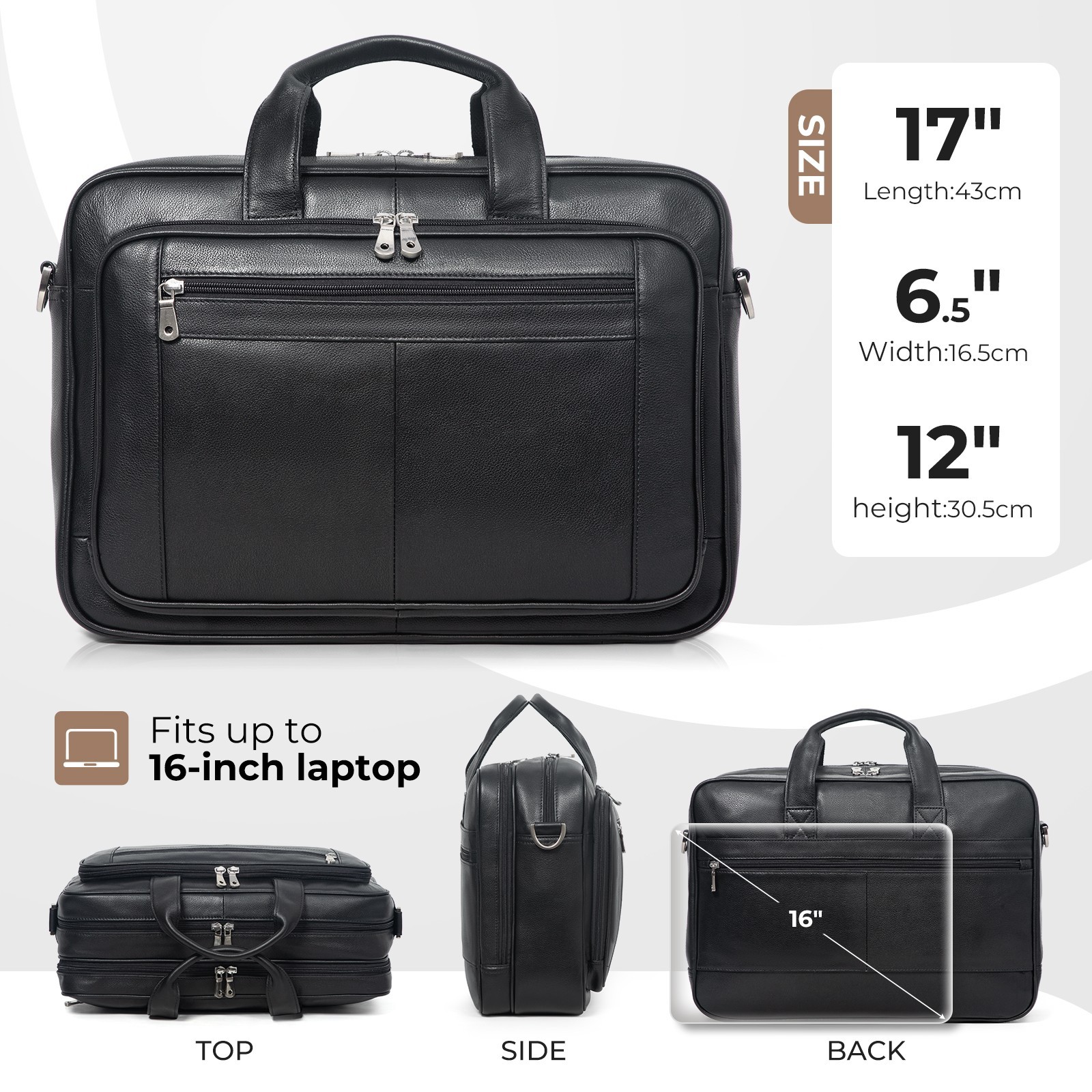 Augus Leather Briefcase for Men 16” Laptop Messenger Bag with Luggage Strap