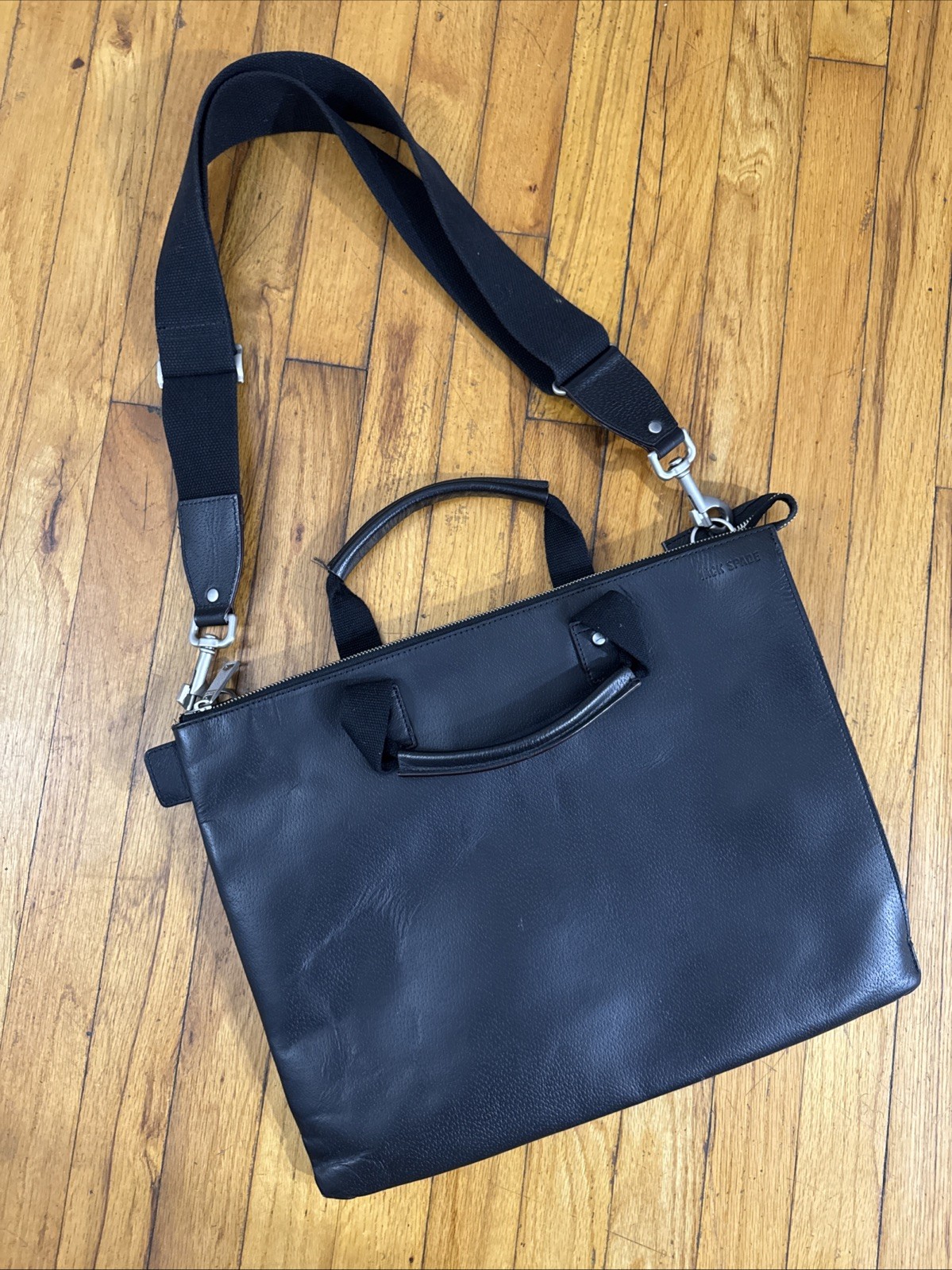 Jack Spade Black Pebbled Leather Slim Briefcase Messenger Bag Crossbody