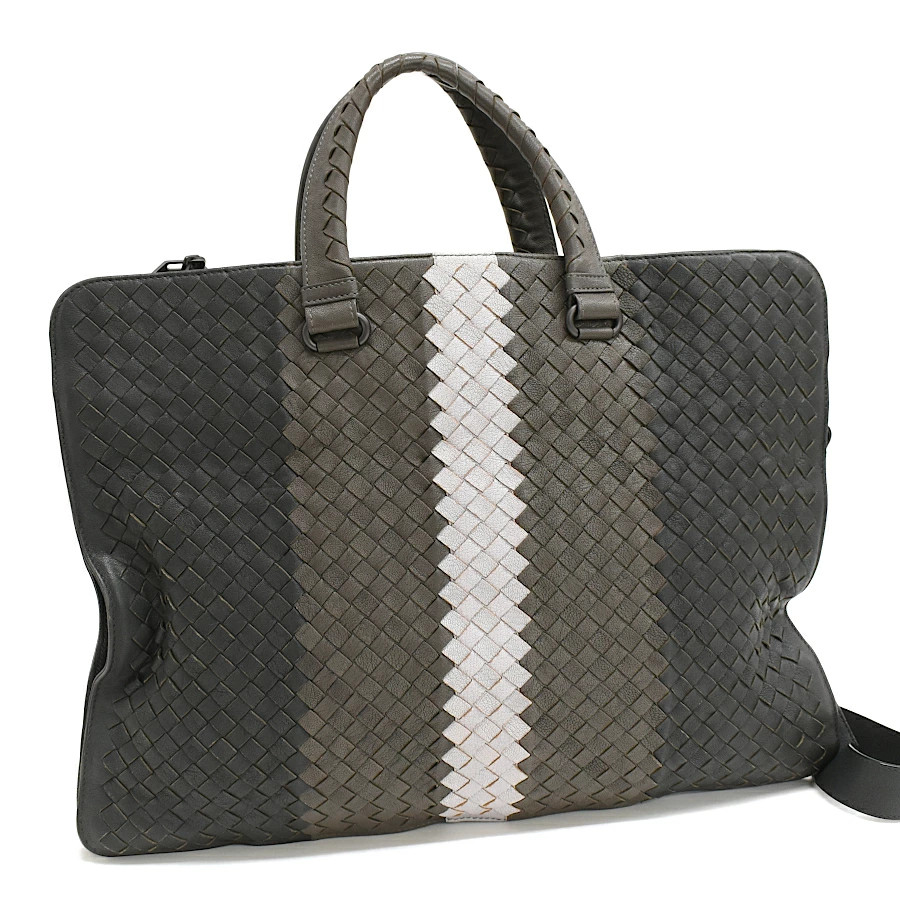 Bottega Veneta 2way briefcase business bag leather gray beige white intrecciato