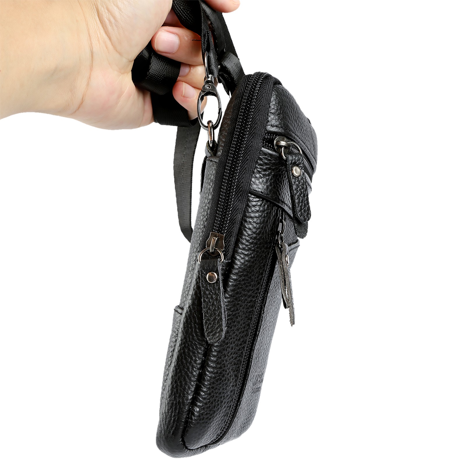 Men Leather Belt Bag Fashion Crossbody Phone Waist Pack 3-Zip Pouch Black/Brown