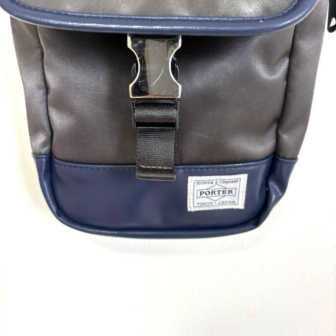 Authentic PORTER Yoshida Leather Sling Bag Gray/Navy 33cm x 19cm x 6cm Slim Cros