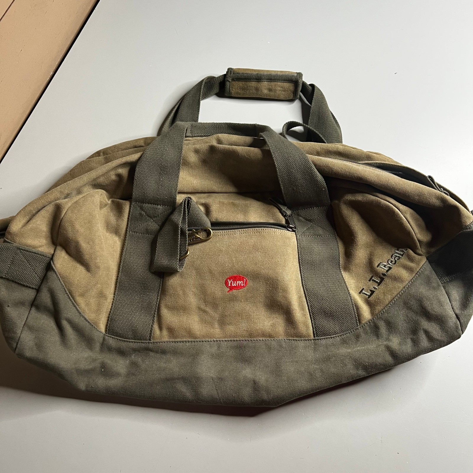LL Bean Canvas Duffle Bag Khaki Olive Green World Hunger Relief Travel Gym Bag