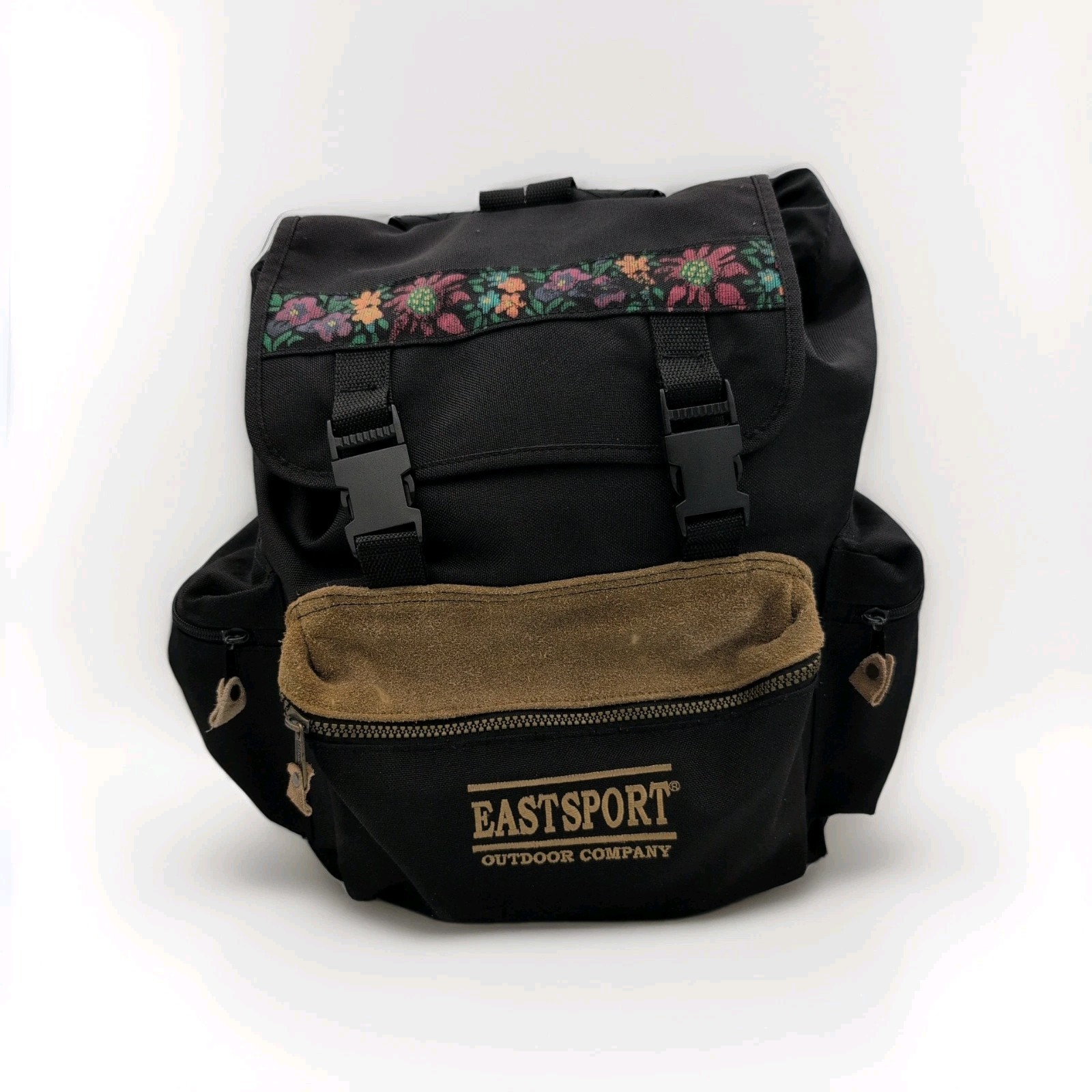 VTG Eastport Outdoor Company Black Canvas With Tan Suede & Floral Print Backpack