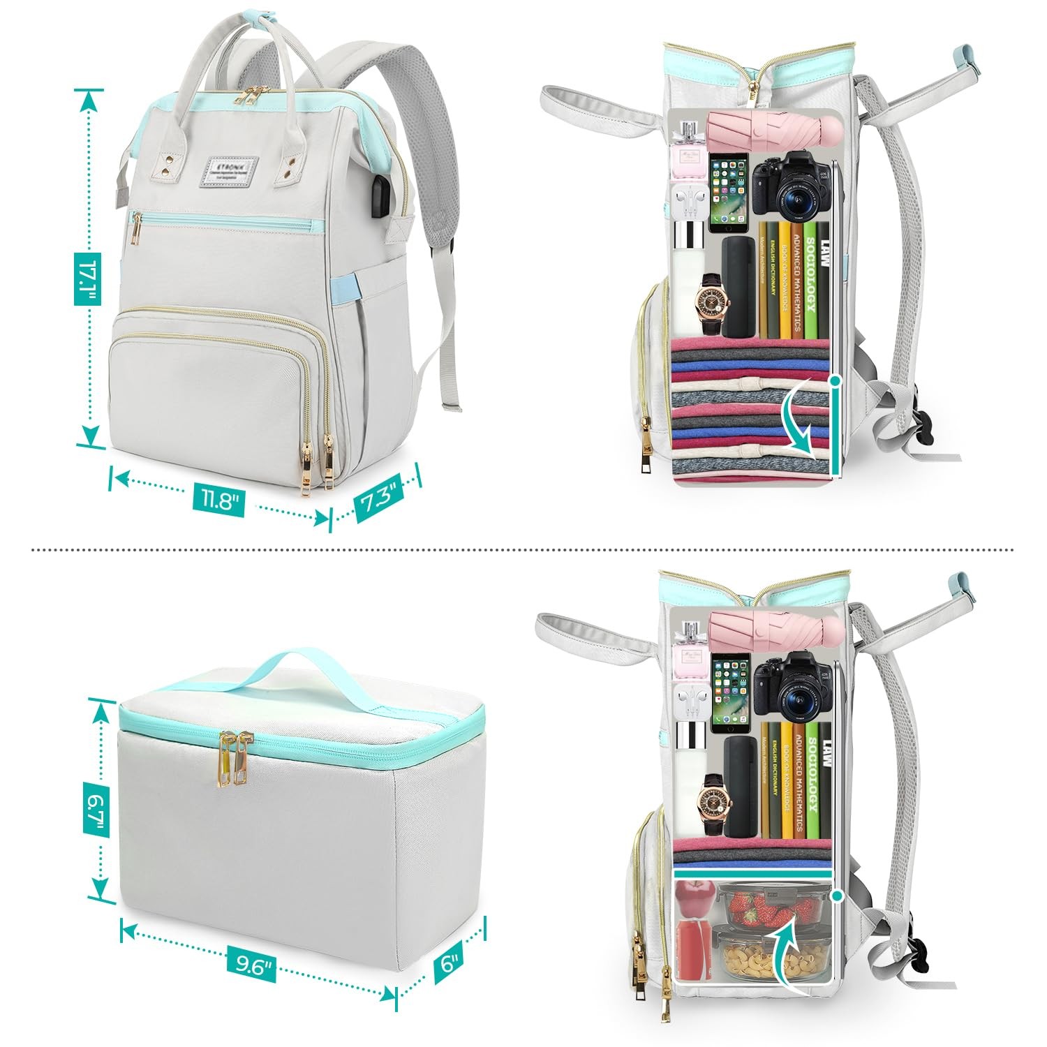 Grey Blue 15.6 Inch Lunch Backpack, USB Port, Insulated, Nurse, Teacher, Women