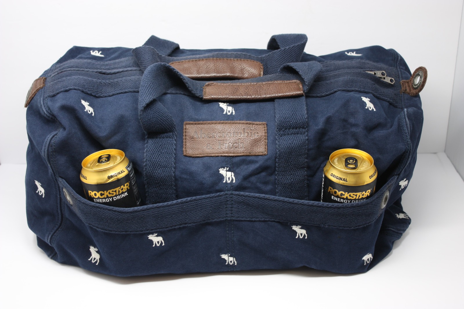 Abercrombie & Fitch Duffel Bag, Navy Blue W/ Moose Print Canvas Leather Vintage