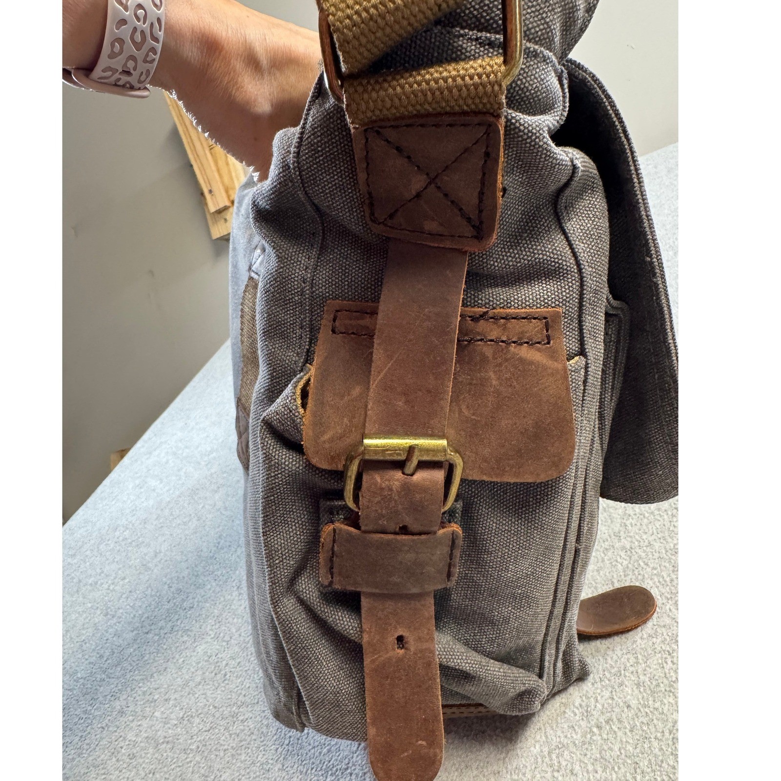 Kattee Canvas Leather Messenger Bag Laptop Briefcase Satchel Brown Gray Work