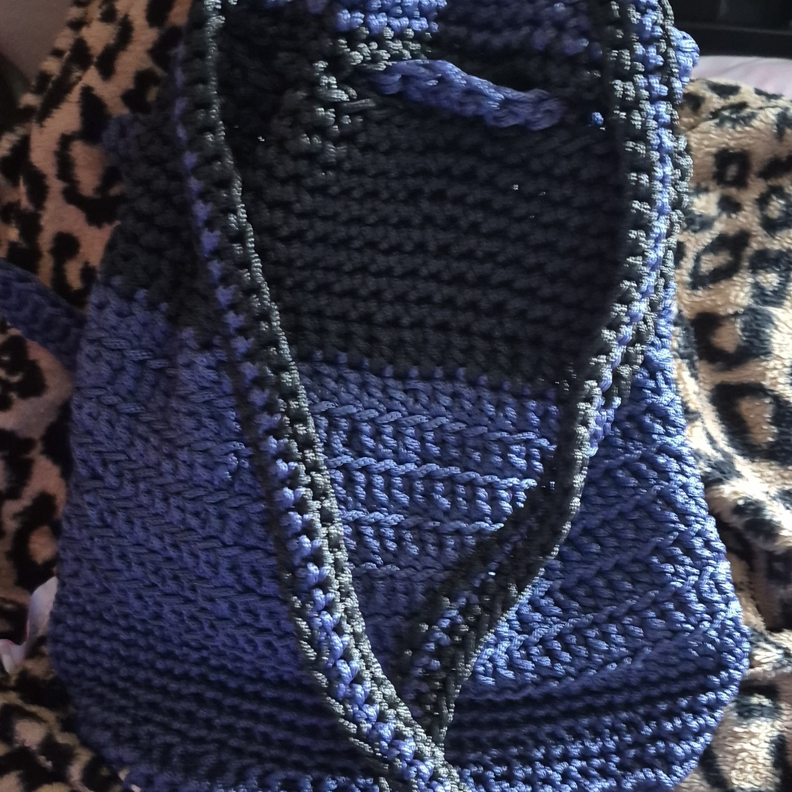 Handmade Crocheted Knit Drawstring Shoulder Bag, Blue/Black Colorblock Unisex