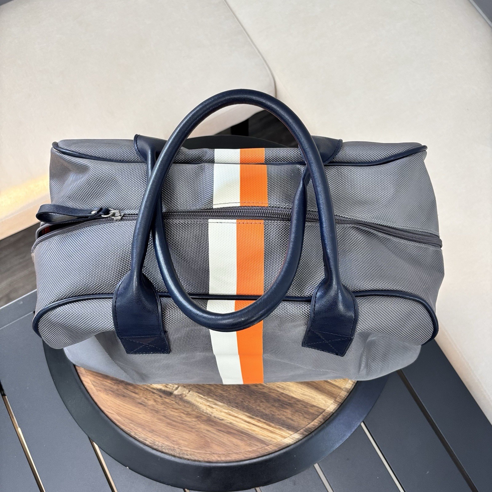 Grey Canvas Weekender Duffle Bag Retro Racing Stripe Travel Overnight Carry On