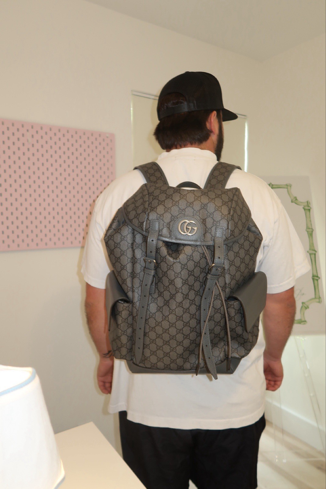 Gucci GG Pattern Gray/Black Backpack Drawstring Flap Buckle Adjustable Strap
