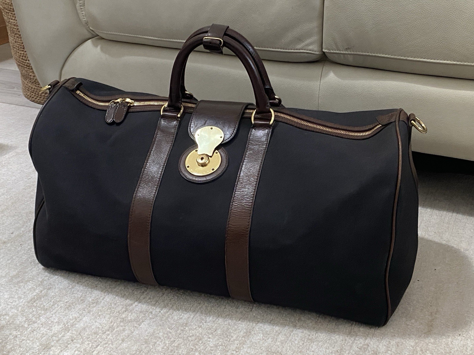 Ralph Lauren Purple Label Ricky Lock XL Duffle Bag Navy Canvas Brown Leather 24”