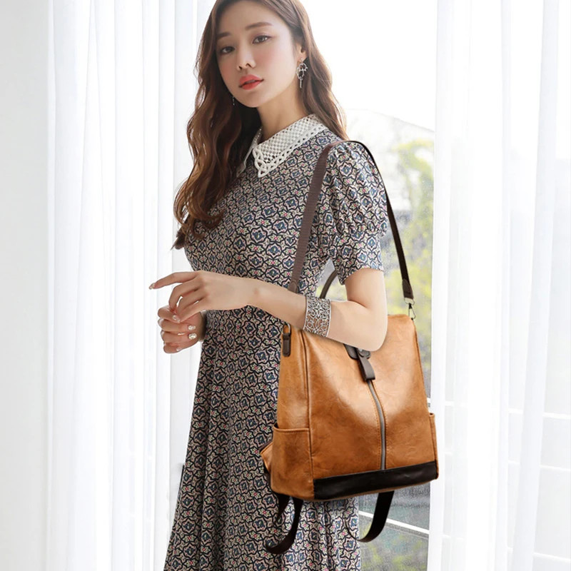 Anti Theft Backpack Faux Leather Large Capacity Travel Laptop Shoulder Bag Women