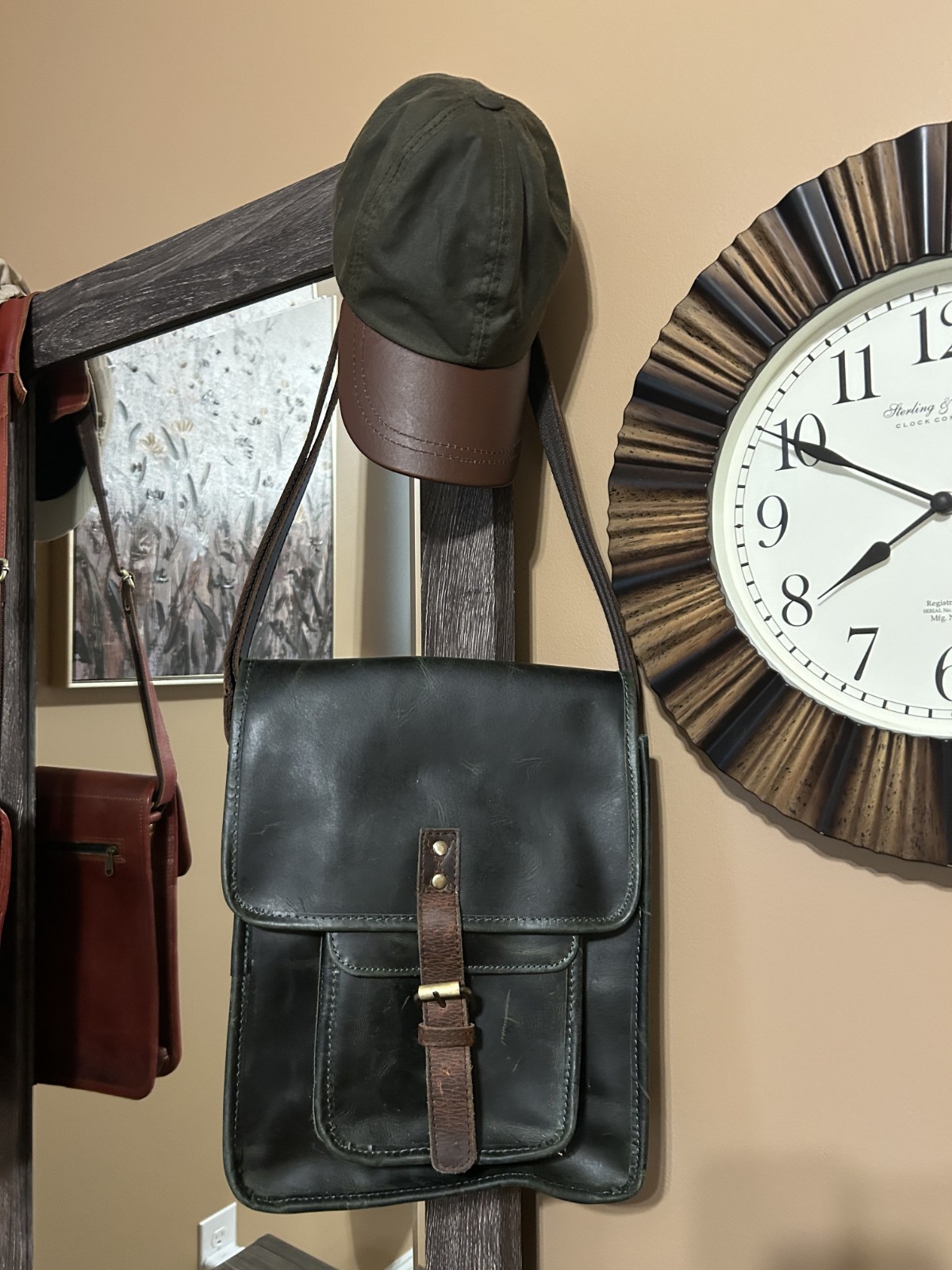 Genuine Leather Shoulder Sling Bag for Men Dk Brown W/Matching Hat NEW