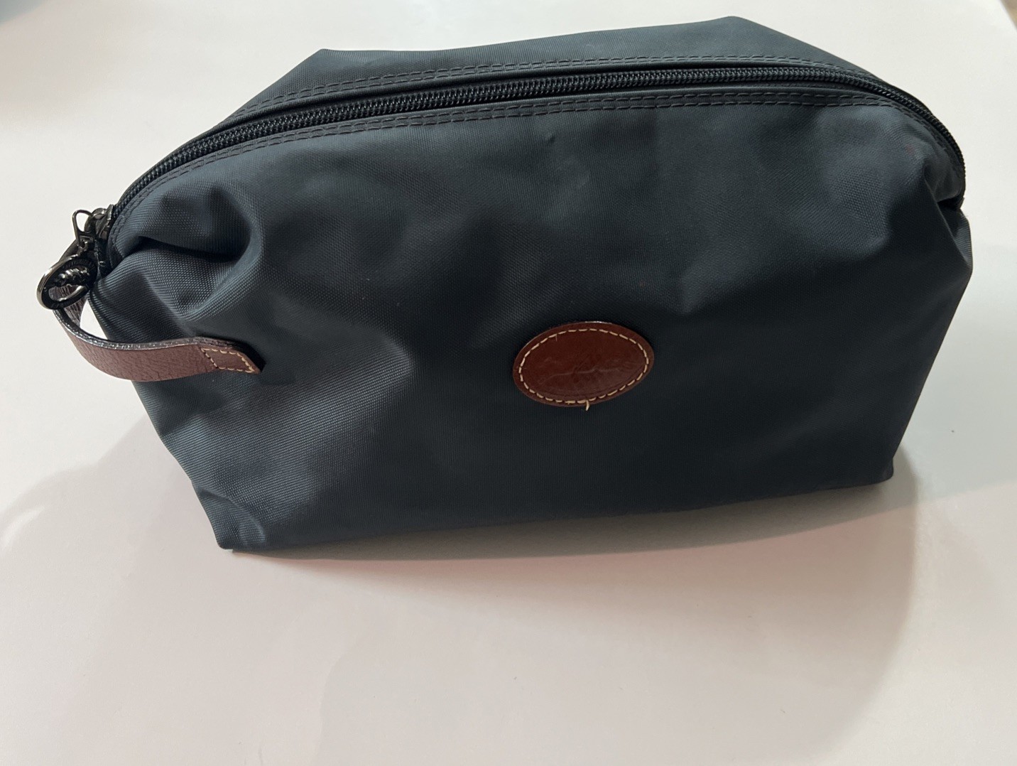 Longchamp Cosmetic Bag Nylon Grayish- Blue & Brown Leather Toiletry Travel Pouch