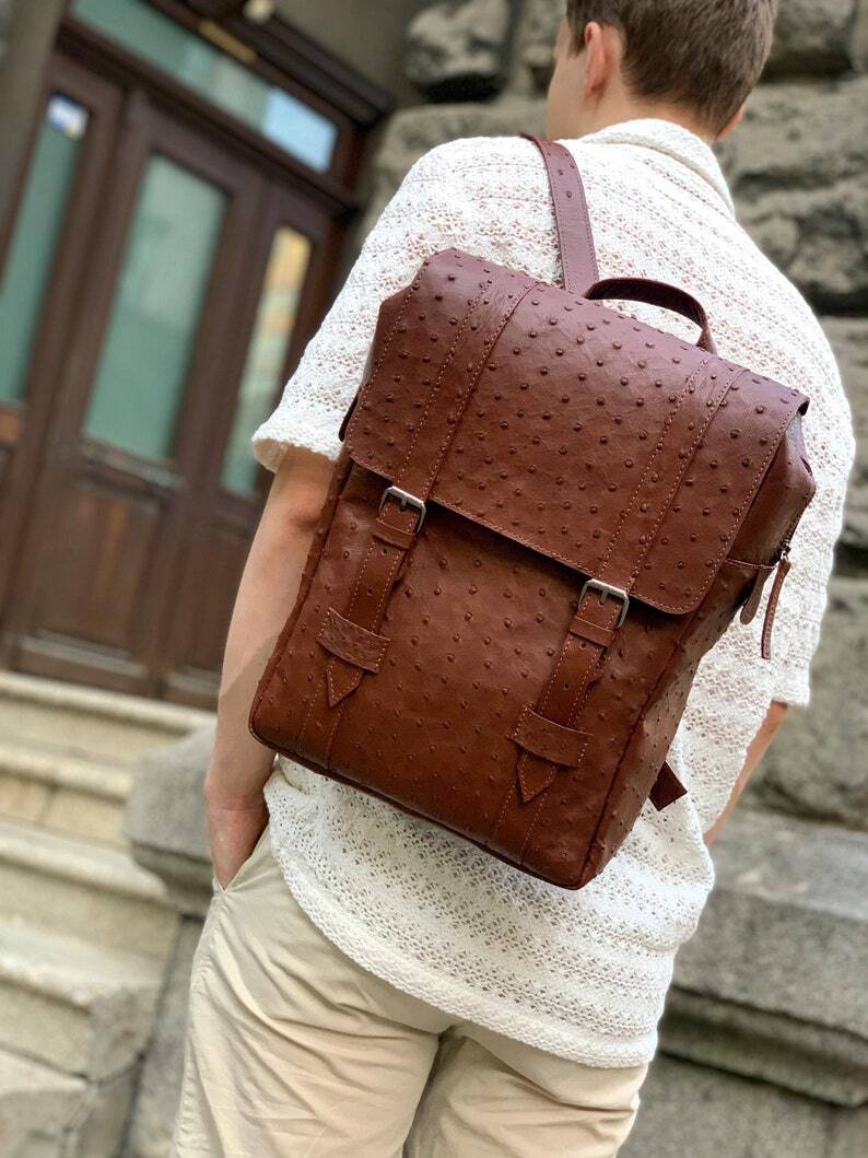 Men’s Backpack GENUINE Ostrich Leather Exotic Luxury Large Brown Bag for Laptop