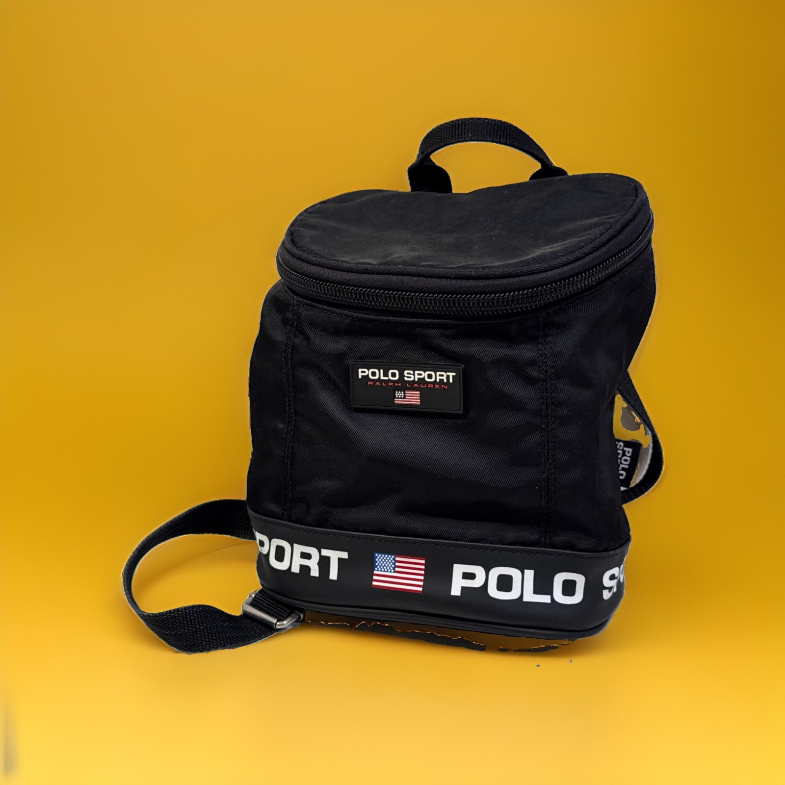 Vintage Polo Sport Backpack Black Y2K Logo USA Flag Nylon Bookbag Ralph Lauren