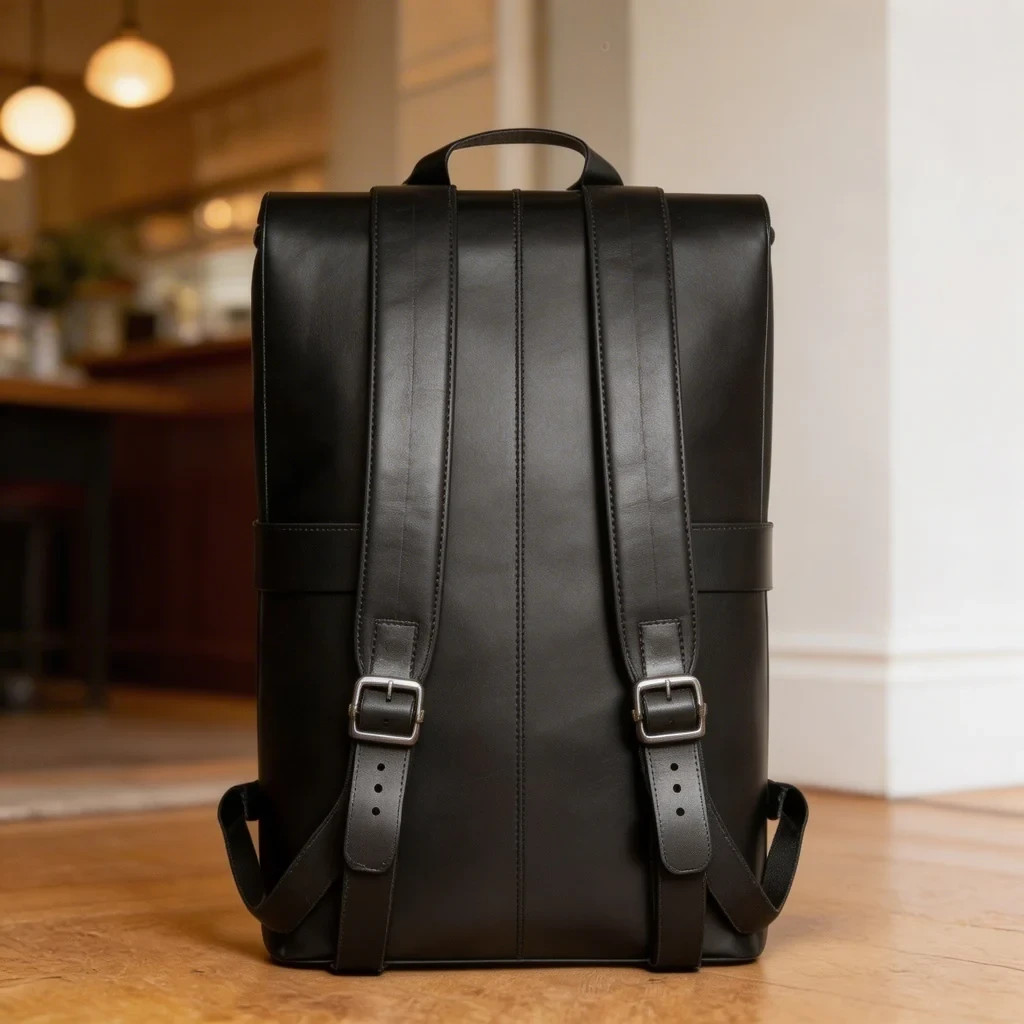 Luxury Full Grain Black Leather Backpack Minimalist Designer Travel Bag
