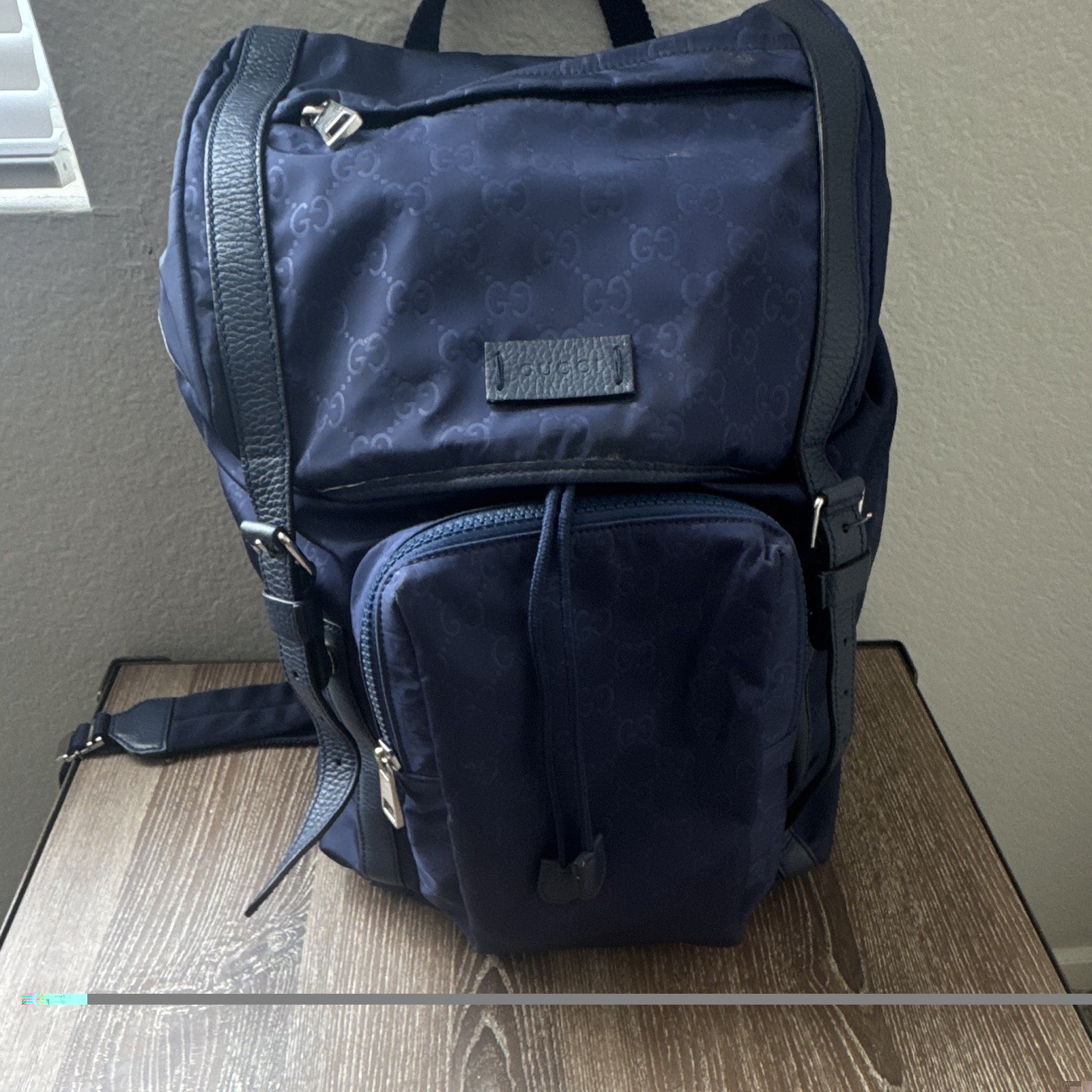 Gucci Navy Blue Monogram Backpack Adjustable Leather Strap Logo Hardware