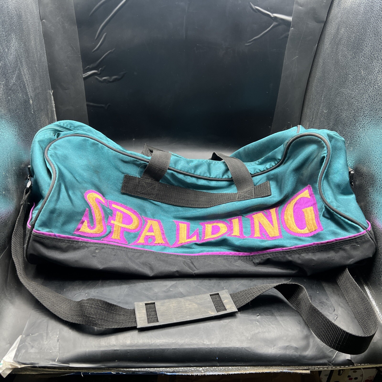 VTG Spalding Duffle Bag Blue & Gold Embroidered Logo Satin Gym Tote Travel Carry