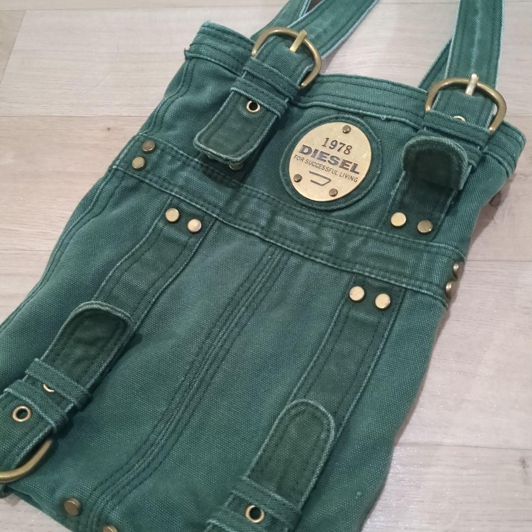 DIESEL Y2K Green Denim Tote Shoulder Bag Metal Logo Zip Rare Archive